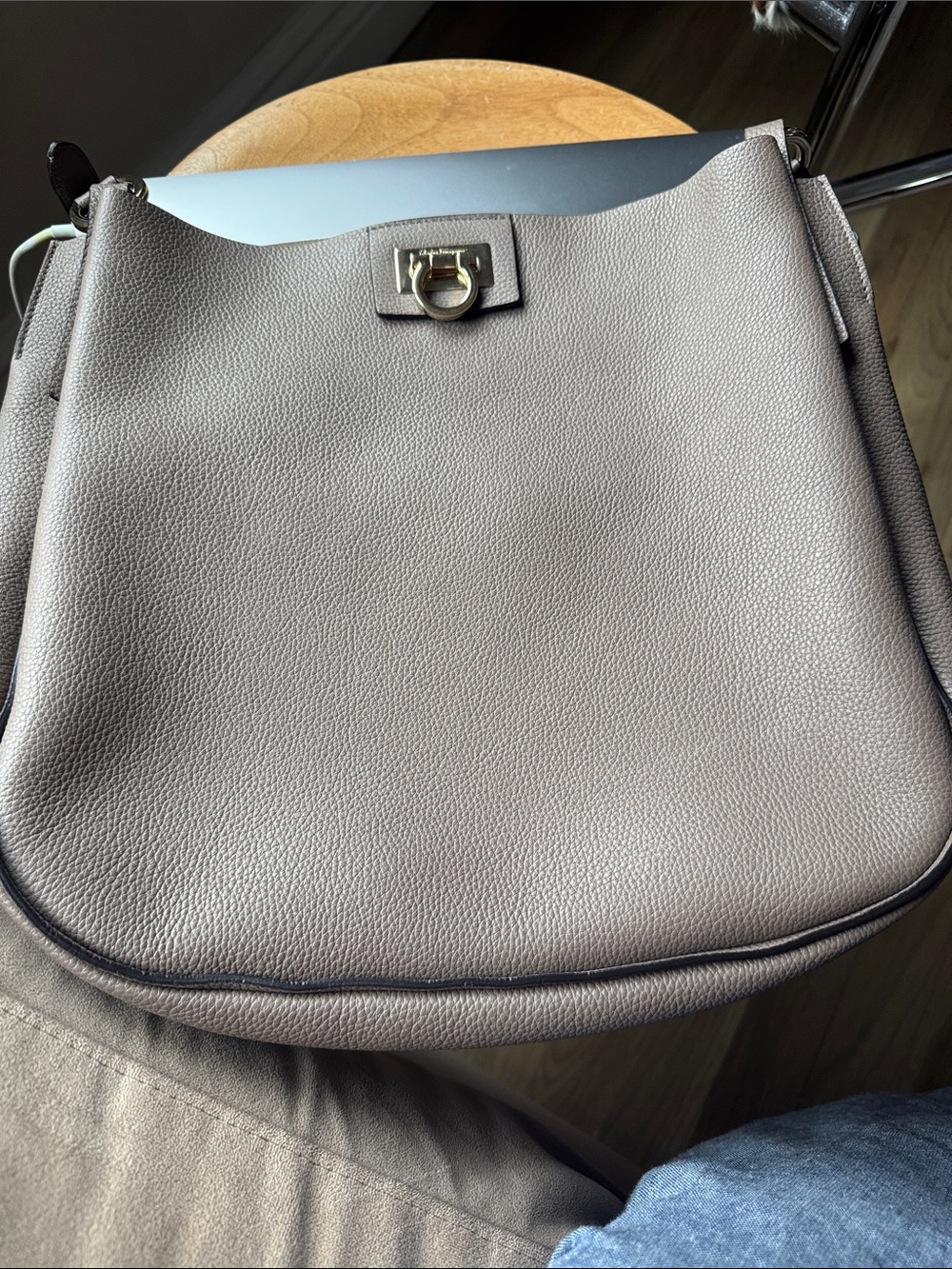 Ferragamo Pebbled Taupe Shoulder Bag with Gold Ring Accent